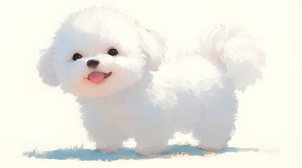 A watercolor Bolognese standing in a playful stance, its tail wagging slightly, painted softly on white