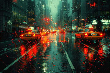 city ​​street on a rainy evening. The focus is on yellow taxis driving along a wet road,...