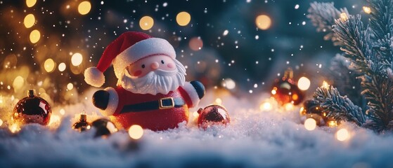 Fototapeta premium Create a festive copy space background for Christmas, showcasing charming ornaments like a cute Santa figure, nestled among twinkling lights and holiday decorations, providing a joyful canvas