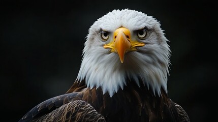 Obraz premium Close-up portrait of a bald eagle, intense gaze, dark background.