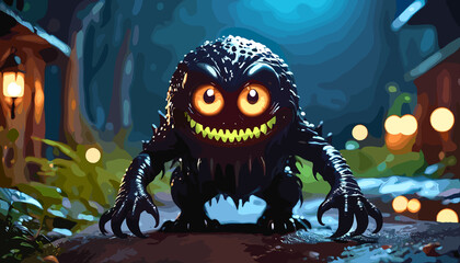 Dark Character with glowing eyes and sharp teeth explores a mysterious forest path at night