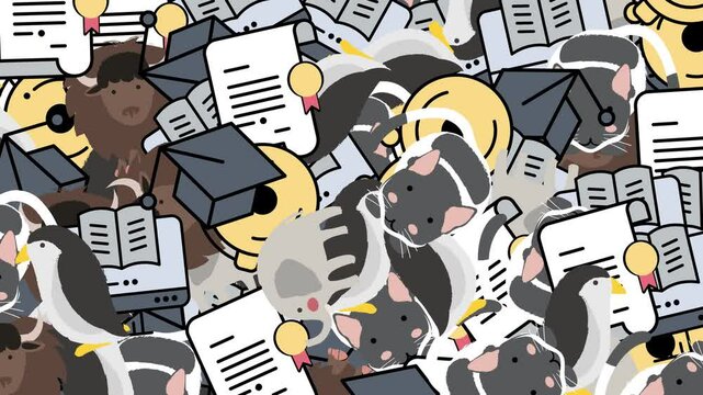 Whimsical Collage of Animals, Books, and Diplomas in a Busy, Playful Style