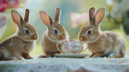 Obraz premium Three adorable bunnies are enjoying a tea party with a dainty teacup and saucer, set against a blurred background of green foliage and flowers.