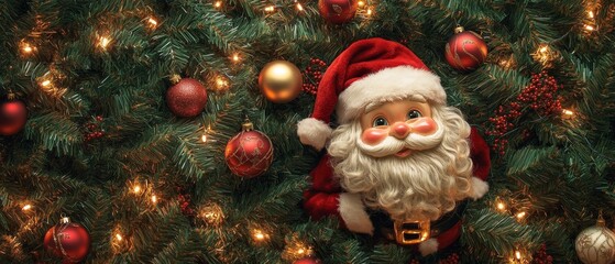 Create a festive copy space background for Christmas, showcasing charming ornaments like a cute Santa Claus, accented with twinkling lights and holiday greenery, providing a joyful canvas for seasonal