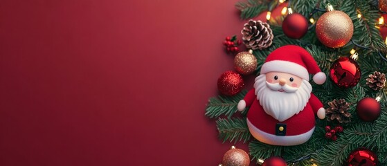 Create a festive copy space background for Christmas, showcasing charming ornaments like a cute Santa Claus, accented with twinkling lights and holiday greenery, providing a joyful canvas for seasonal