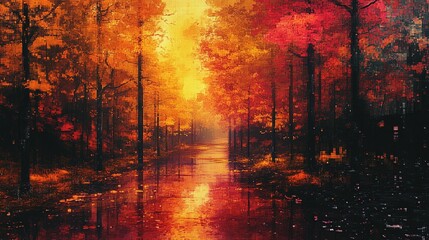 A serene autumn landscape with vibrant trees reflecting in a calm waterway.