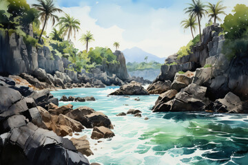 Obraz premium picturesque tropical landscape with crystal clear waters and rocky shores. 