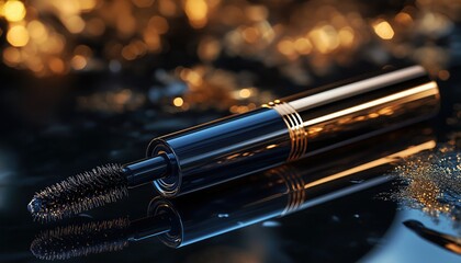 Naklejka premium Glossy black mascara tube with gold accents on a reflective black surface