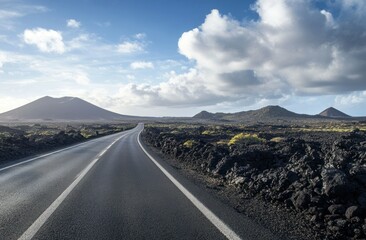 A road with a sign, in the background you can see black rocks 