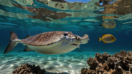 Obraz premium Underwater shot of a guitarfish and yellow fish near coral reef.