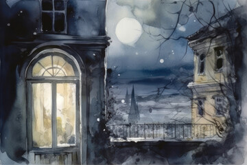 Obraz premium a night scene done in watercolor. On the left is a corner of a building with a large arched window, through which warm light shines, creating a contrast with the dark 