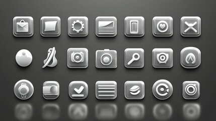 Collection of glassy white app icons on dark background.