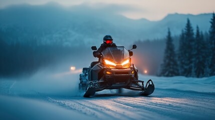 Adventurous Snowmobiler Riding Through a Winter Landscape at Dusk with Trees and Mountains in the Background in a Cold Weather Environment