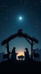 A serene depiction of the stable in Bethlehem, with baby Jesus in a manger surrounded by Mary, Joseph, and gentle animals under a starry night, vertical orientation.