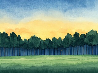 Obraz premium Serene Sunset Over Dense Forest Landscape with Gentle Brushstrokes, Capturing the Tranquility of Nature and the Soft Glow of Dusk in Watercolor Style
