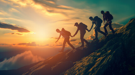 Fototapeta premium Leadership and Teamwork in Action: Climbing Mountains Together at Sunrise