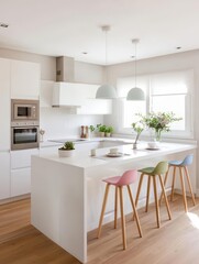 Minimalist kitchen with a white island and multicolored barstools for a playful touch   white island, colorful barstools, modern kitchen