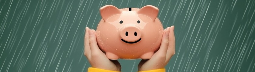 Happy piggy bank held by hands in a rainy backdrop symbolizing savings, financial security, and prosperity amid challenging circumstances for stock photo use.