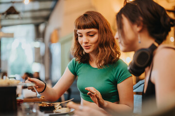 Two young women share a meal in a cozy cafe, enjoying conversation and delicious food. The atmosphere is warm and inviting, perfect for socializing and relaxation.