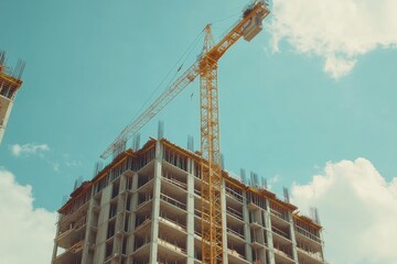 Fototapeta premium A yellow construction crane lifts building materials against a bright blue sky with white clouds.
