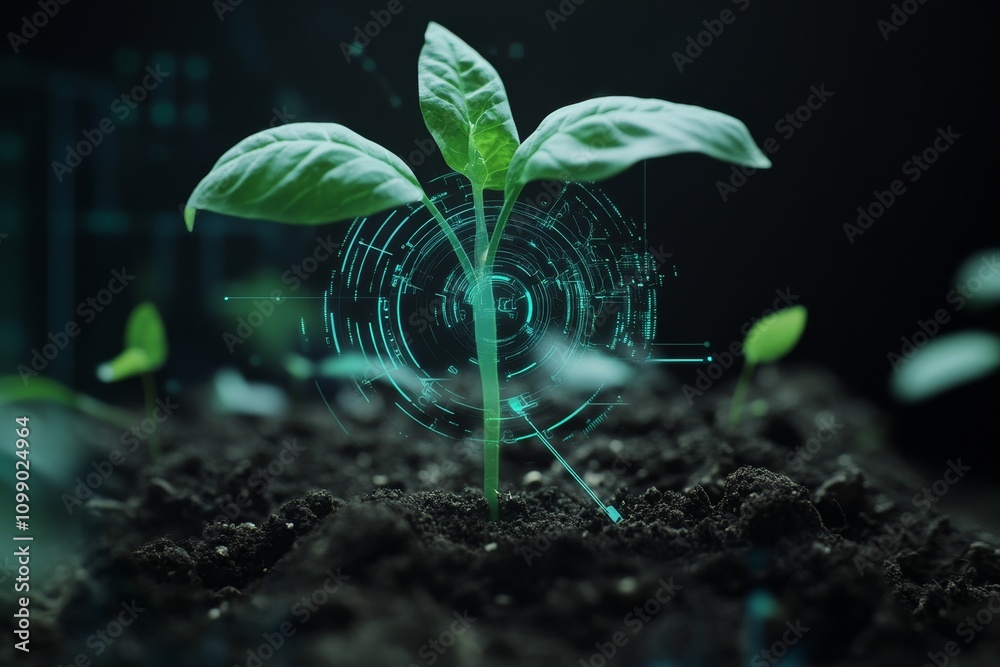 Poster a young green sprout growing from rich dark soil with glowing futuristic digital patterns swirling a