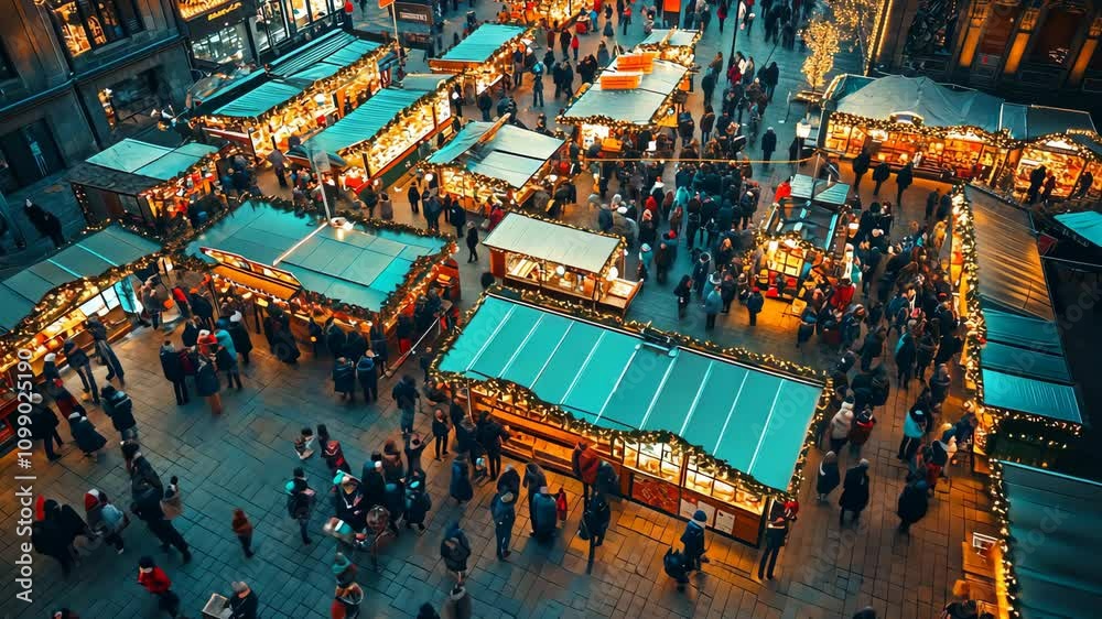 Canvas Prints Christmas market stalls with a heatmap overlay, highlighting the busiest areas in vibrant oranges and the quieter spots in cool blues. . 4K Video