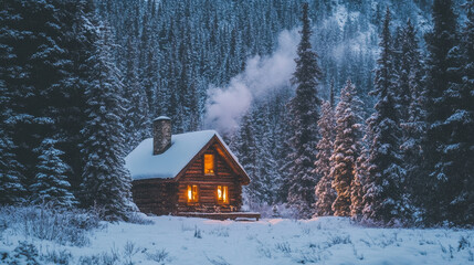 A cozy wooden cabin sits nestled among tall pine trees, its windows glowing warmly from a fire inside. Smoke drifts lazily from the chimney, merging with the crisp, icy air. 