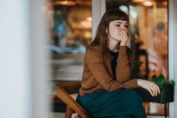 A young woman sits pensively in a cozy coffee shop, her hand covering her mouth, reflecting a sense...