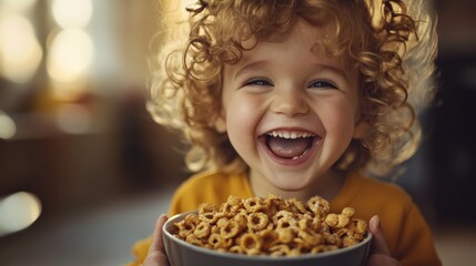 Naklejka premium A joyful child with curly hair smiles brightly while holding a bowl of cereal, showcasing a moment of happiness and playful innocence.