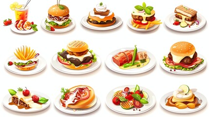 A set of cartoon food illustrations, including burgers, fries, a salad, and a dessert.