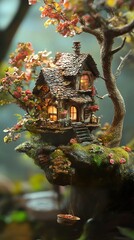 Fototapeta premium Enchanted Treetop Cottage: A Fairytale House in a Magical Forest