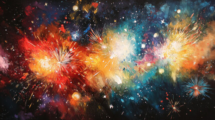 Fototapeta premium As midnight approaches, the sky becomes a canvas of wonder. Fireworks explode in bursts of vibrant colors--reds, golds, blues, and greens--painting the heavens with fleeting brilliance. 