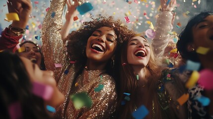 A group of friends dressed in glittering outfits, celebrating at a New Year's Eve party with colorful confetti falling around them 