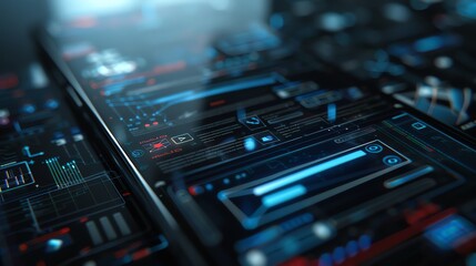 A close up shot of multiple digital screens with glowing blue lines and icons.