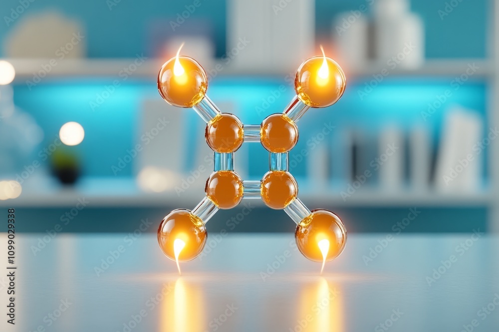 Poster A close-up view of a molecule formed by atoms connected with glowing bonds, set in a laboratory environment