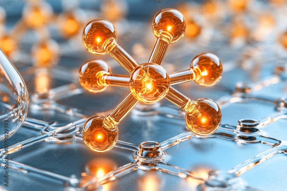 Poster A close-up view of a molecule formed by atoms connected with glowing bonds, set in a laboratory environment
