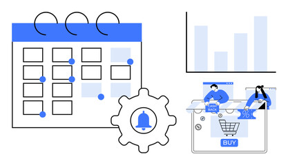 Calendar with blue reminders and gear with bell icon, people engaged in e-commerce, bar chart. Ideal for scheduling, reminders, online shopping, statistical analysis, productivity, marketing