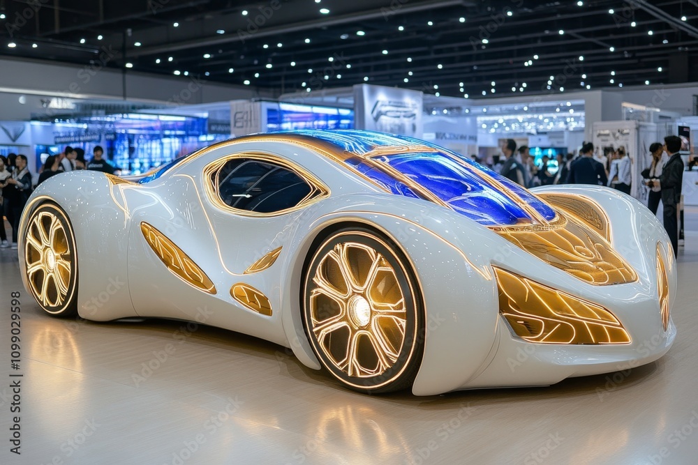 Aufkleber a concept car on display at an auto show, surrounded by futuristic lighting and an intrigued audienc