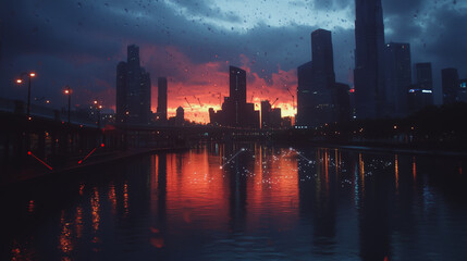 Fototapeta premium Smart digital Innovation city with connection network reciprocity over the sunset cityscape. of future wireless digital city and social media networking systems that connects people with in city