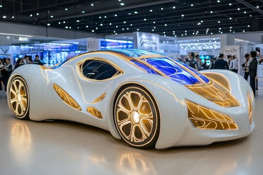 A concept car on display at an auto show, surrounded by futuristic lighting and an intrigued audience