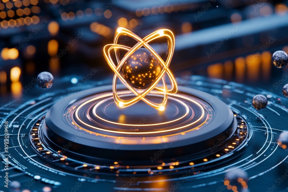 Poster A cyberpunk-themed atom glowing with neon lights and surrounded by digital particles, floating in a holographic display