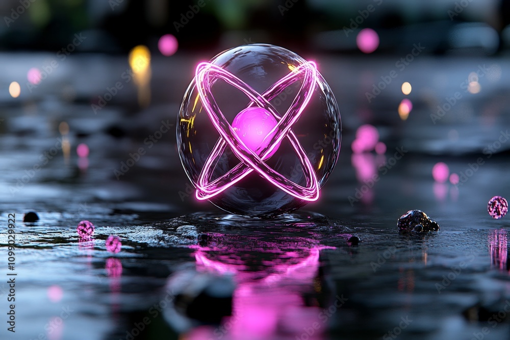 Poster a cyberpunk-themed atom glowing with neon lights and surrounded by digital particles, floating in a 