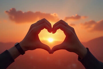 hands in shape of love heart with background sky on sunset, love concept. Valentines's day