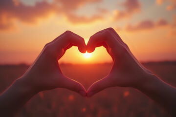 hands in shape of love heart with background sky on sunset, love concept. Valentines's day