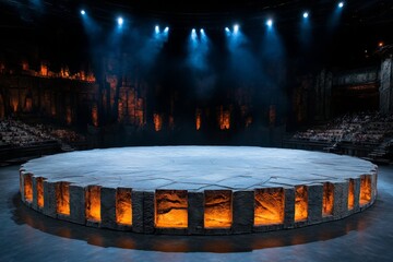 A dark, gothic-themed audience in a stone amphitheater, with eerie mist and dramatic lighting casting shadows on their figures