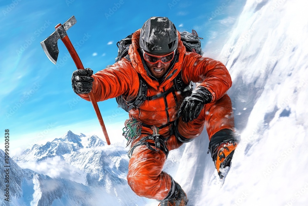 Poster A digital illustration of a mountaineer wielding an axe pick while scaling a jagged ice wall, with dynamic lighting and vivid textures
