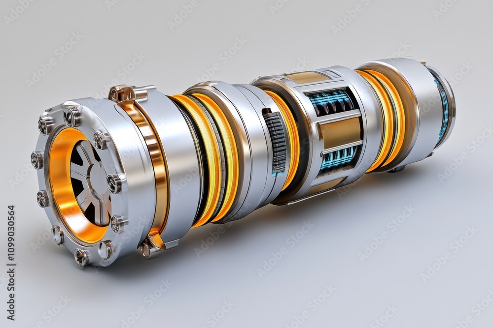 Poster a digital illustration of an axle system designed for a futuristic spacecraft, glowing with energy a