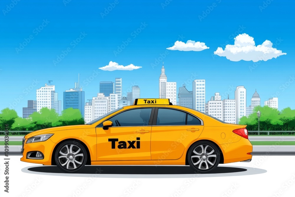 Poster a flat 2d design of a taxi with a glowing 