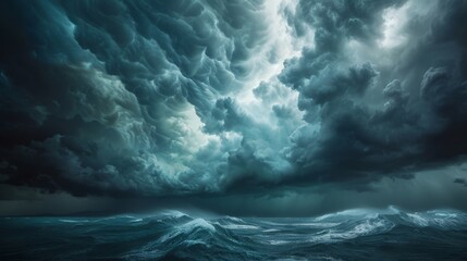 Dramatic clouds swirling over a stormy sea, emphasizing the power and majesty of nature