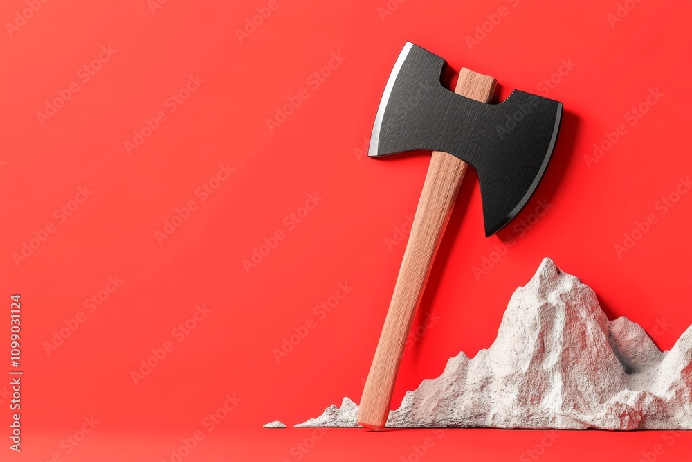 Poster a flat graphic of an axe pick head with modern, sleek curves, surrounded by abstract mountain shapes